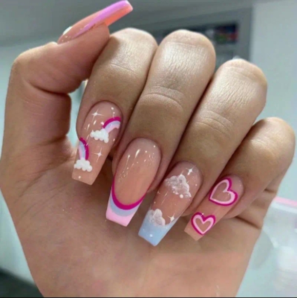 24 pc coffin rainbow cloud design press on nails - Picture 3 of 3